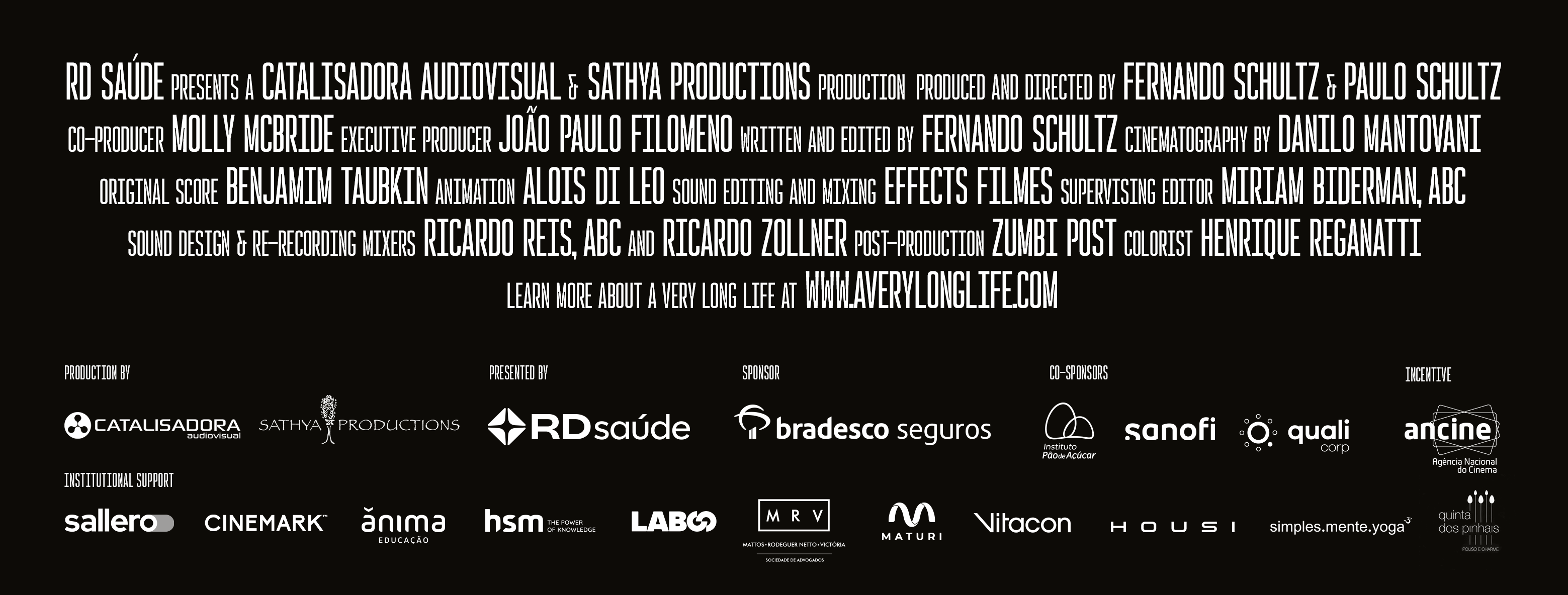 A Very Long Life film credits and production, presentation, sponsorship, co-sponsorship, incentive, and institutional support logos